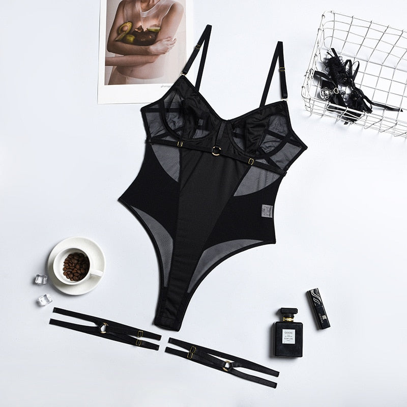 Sensual Lace Bodysuit Women Transparent Sexy Lingerie See Through Black Tights Fitness Sissy Crotchless Erotic Body