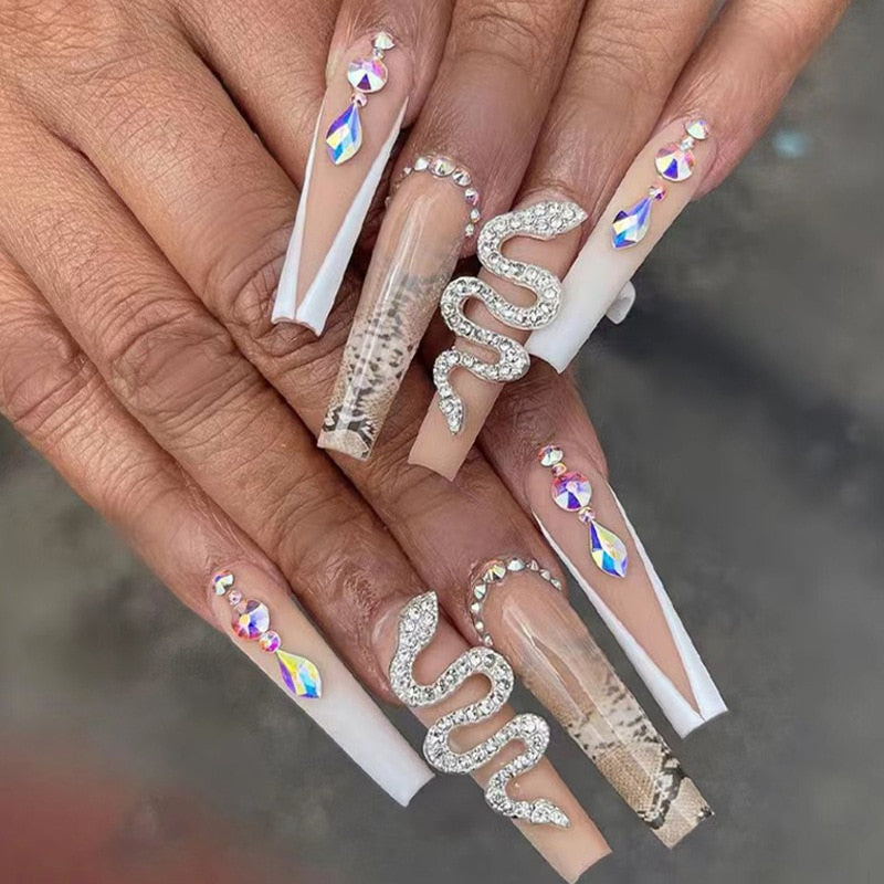 24pcs Long Press On Fake Nails French Designs With Snake Rhinestones Coffin False Nails Ballerina Manicure Full Cover Nail Tips
