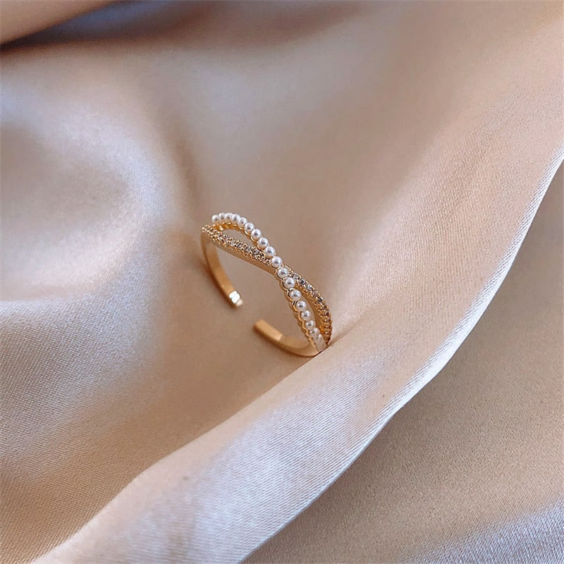 Luxury Gold Color Pearl Zircon Rings Vintage Sexy Open Joint Elegant