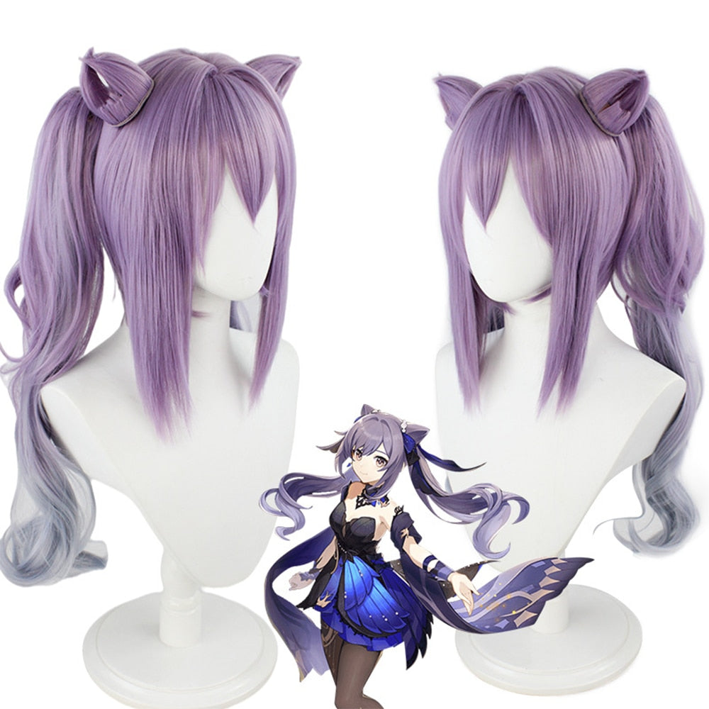 GenshinKe Qing Cosplay Long Double Ponytail Ladies Synthetic Light Purple Wig With Bangs Gradient Light Color Wig + Free Wig Cap