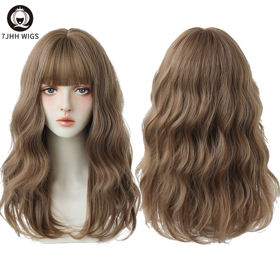 Blue Deep Wave Wig With Bangs Long Omber Brown Hair Layered Heat Resistant Cosplay Party Synthetic Wig