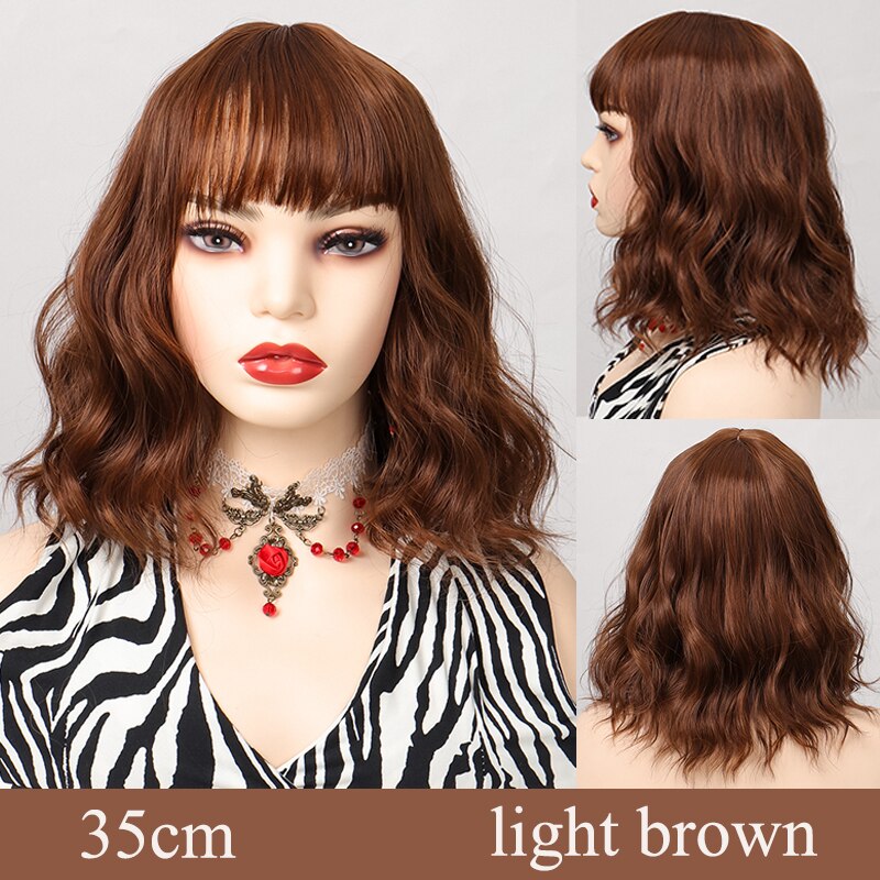 Synthetic Short Water Wave Cosplay Bob Wig with Bangs Heat-resistant Fiber Lolita Wigs For Women Daily Wear