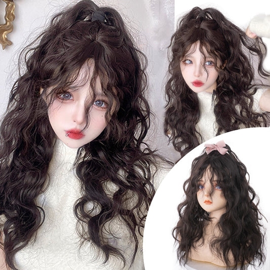 Brown Black Gold Wool Roll Synthetic Wig For Women Long Roll Wig Bangs Cosplay Party Heat Resistant Hair