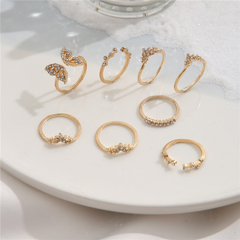 Vintage Bohemian Butterfly Gold Color Ring Sets Zircon Flower Leaf Open Rings for Women Simple Knuckle Accessories