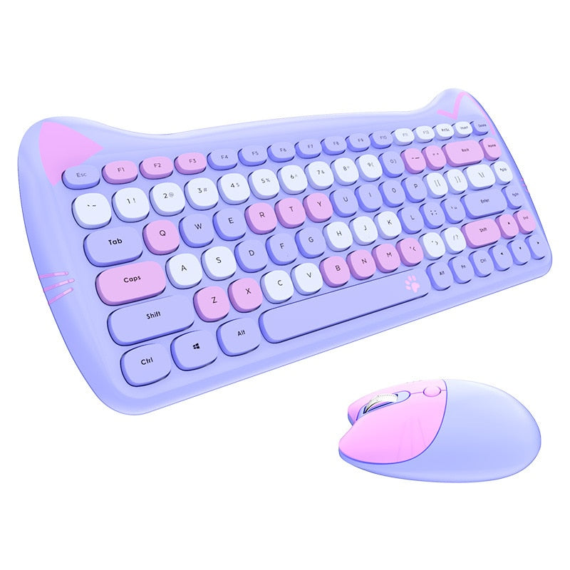 Cute Cat 2.4G Wireless Ergonomics Keyboard Set Mixed Candy Color Keycap Keyboard and Mouse Comb for Laptop Notebook PC