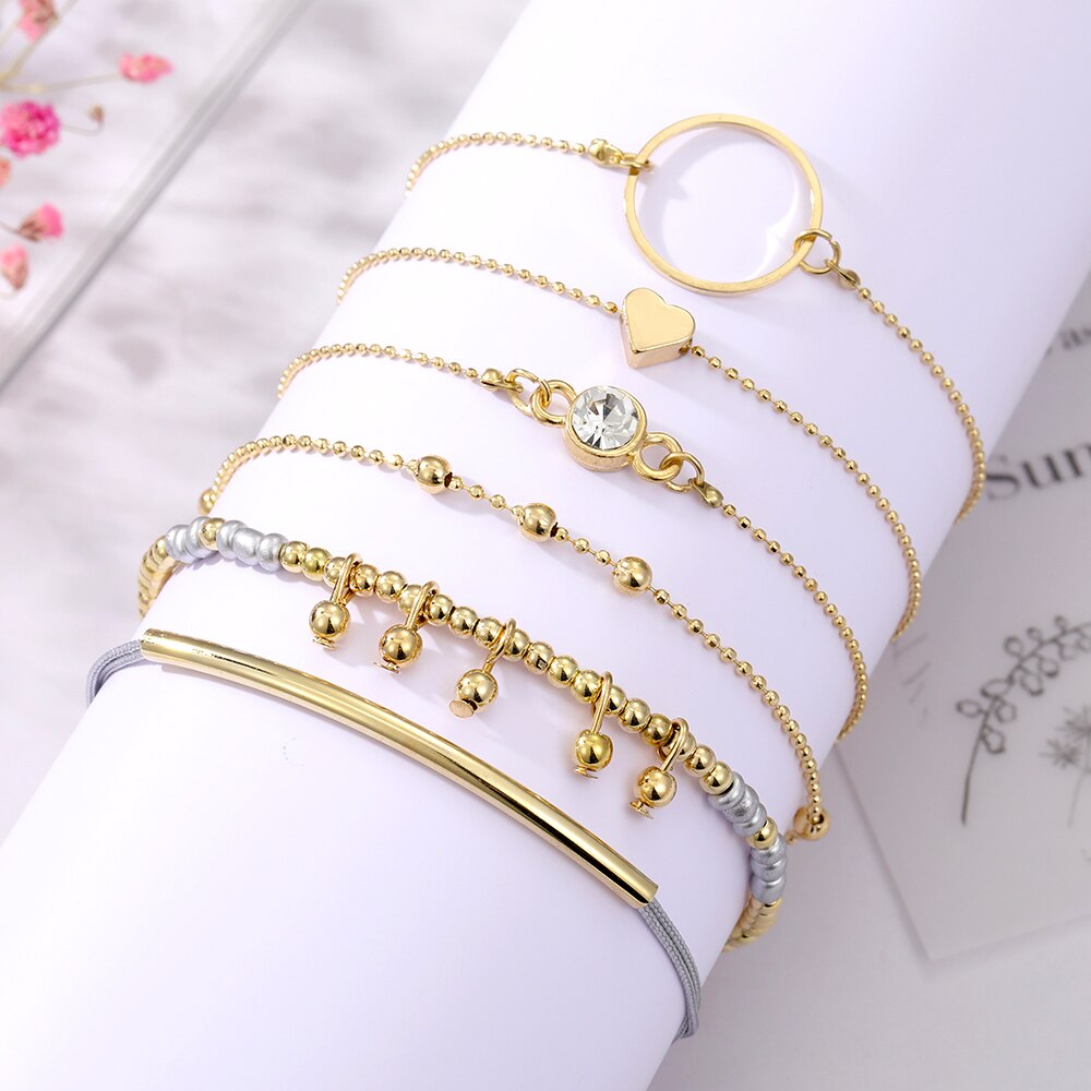 Bohemian Gold Color Angel Bracelets for Women Boho Jewelry Geometric Layered Pearl Hand Chain Charm Bracelet Set