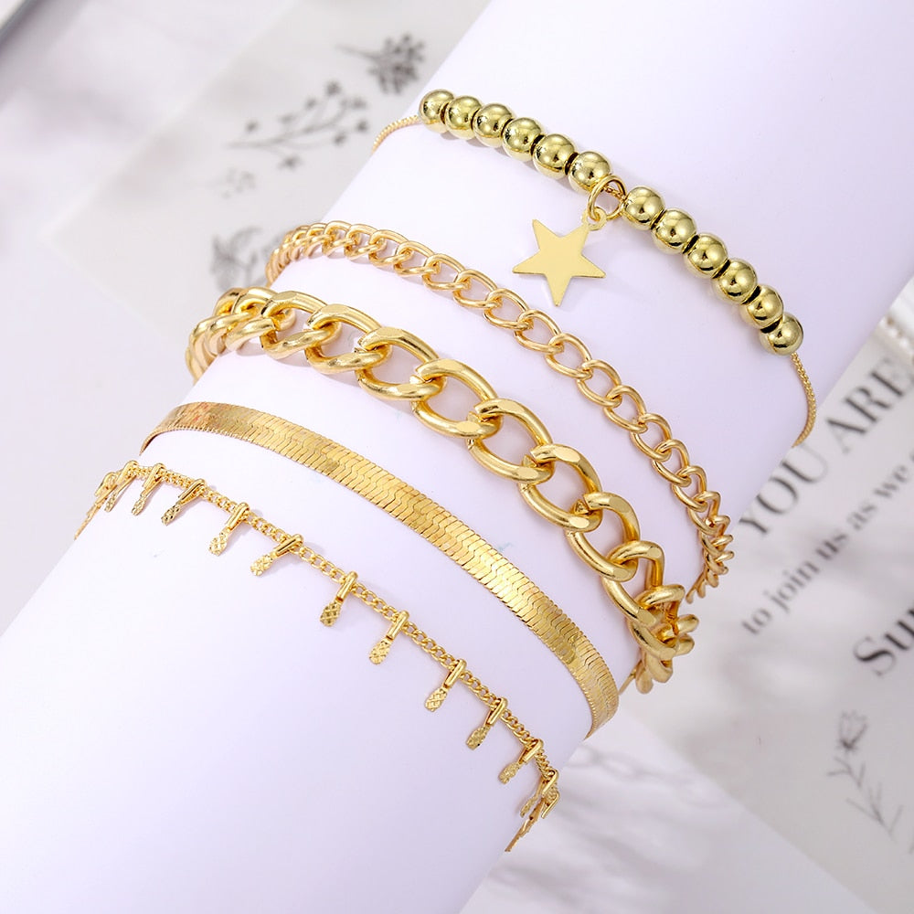 Bohemian Gold Color Angel Bracelets for Women Boho Jewelry Geometric Layered Pearl Hand Chain Charm Bracelet Set