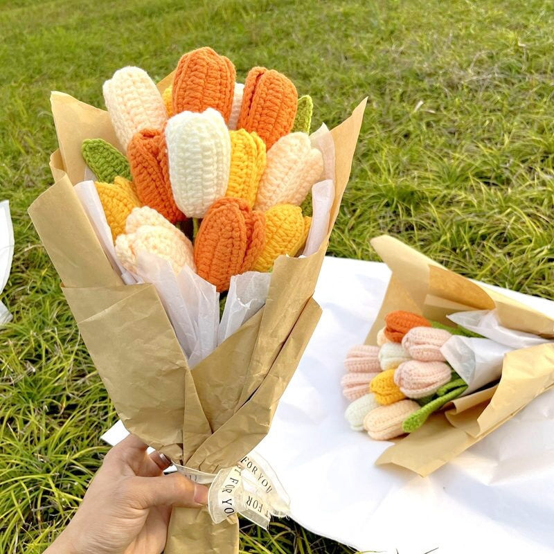 Hand-Knitted Rose Bouquet Homemade Crochet Finished Knitted Flower Sunflower Daisy Tulip Gift