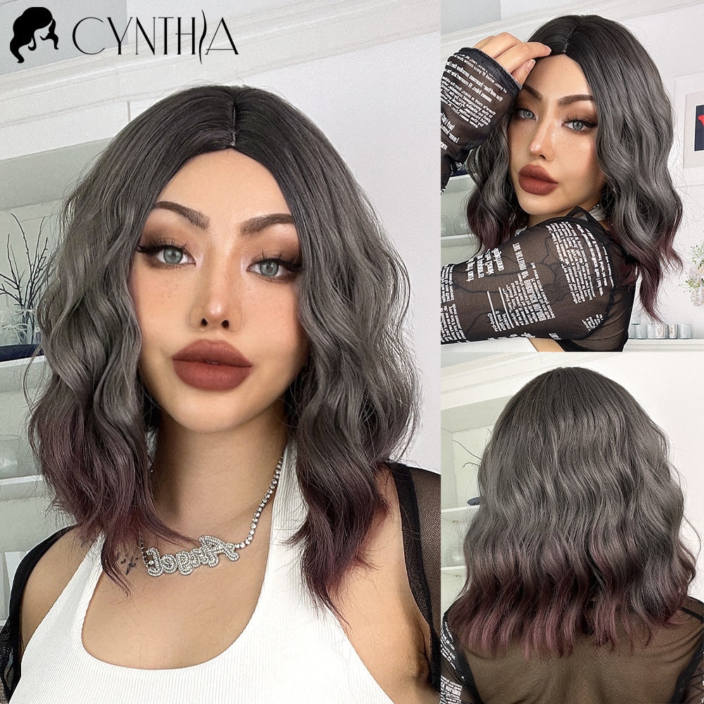 Ombre Blonde Short Bob Synthetic Wig For Women With Bangs White Gold Body Wave Cosplay Lolita Natural Heat Resistant Hair