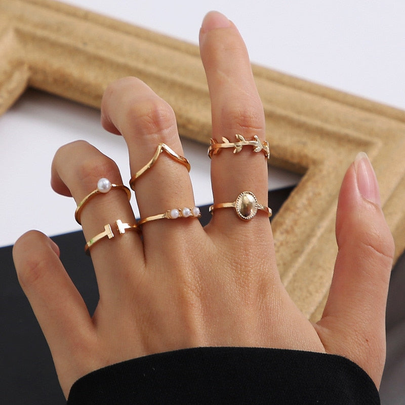 Vintage Bohemian Butterfly Gold Color Ring Sets Zircon Flower Leaf Open Rings for Women Simple Knuckle Accessories