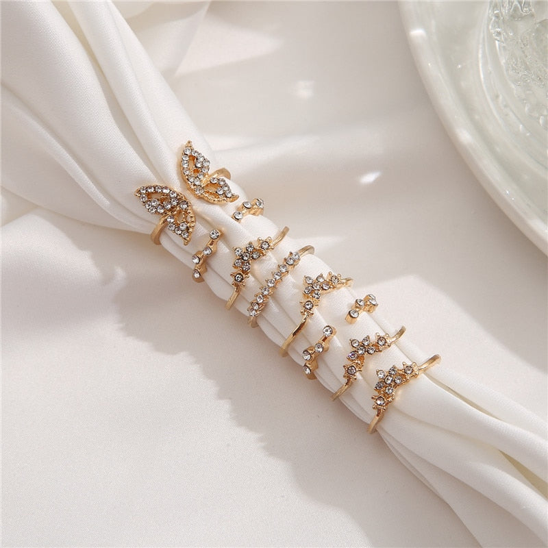Vintage Bohemian Butterfly Gold Color Ring Sets Zircon Flower Leaf Open Rings for Women Simple Knuckle Accessories