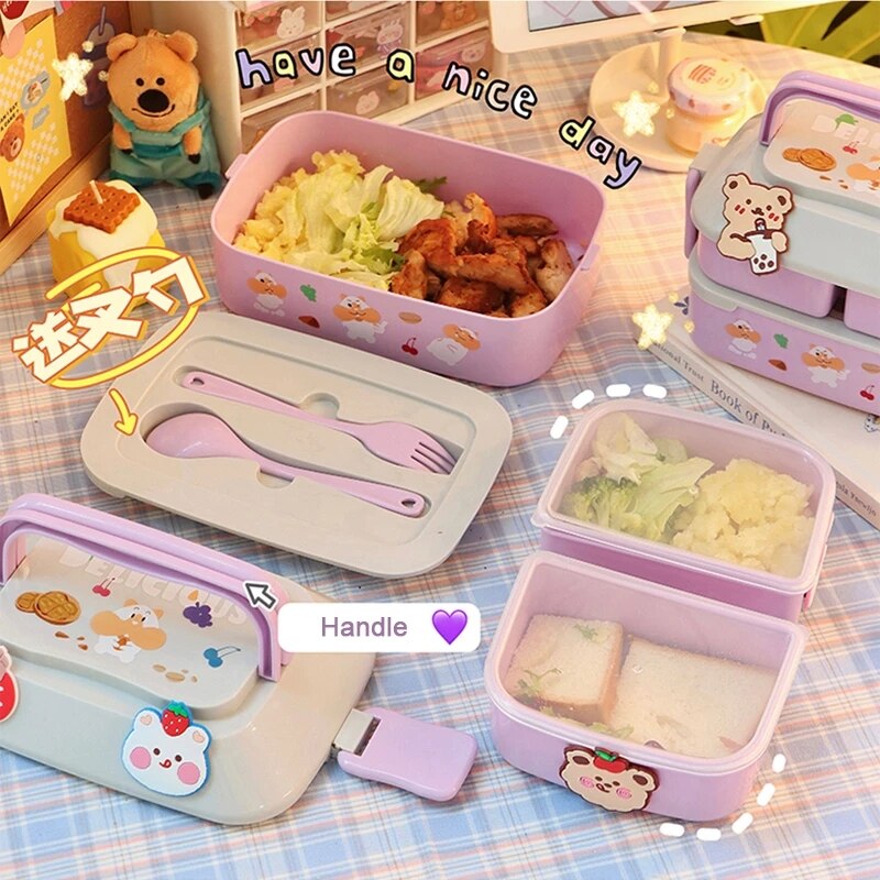 Kawaii Portable Lunch Box Girls School Kids Plastic Picnic Bento Box Microwave Food Box with Compartment Storage Container