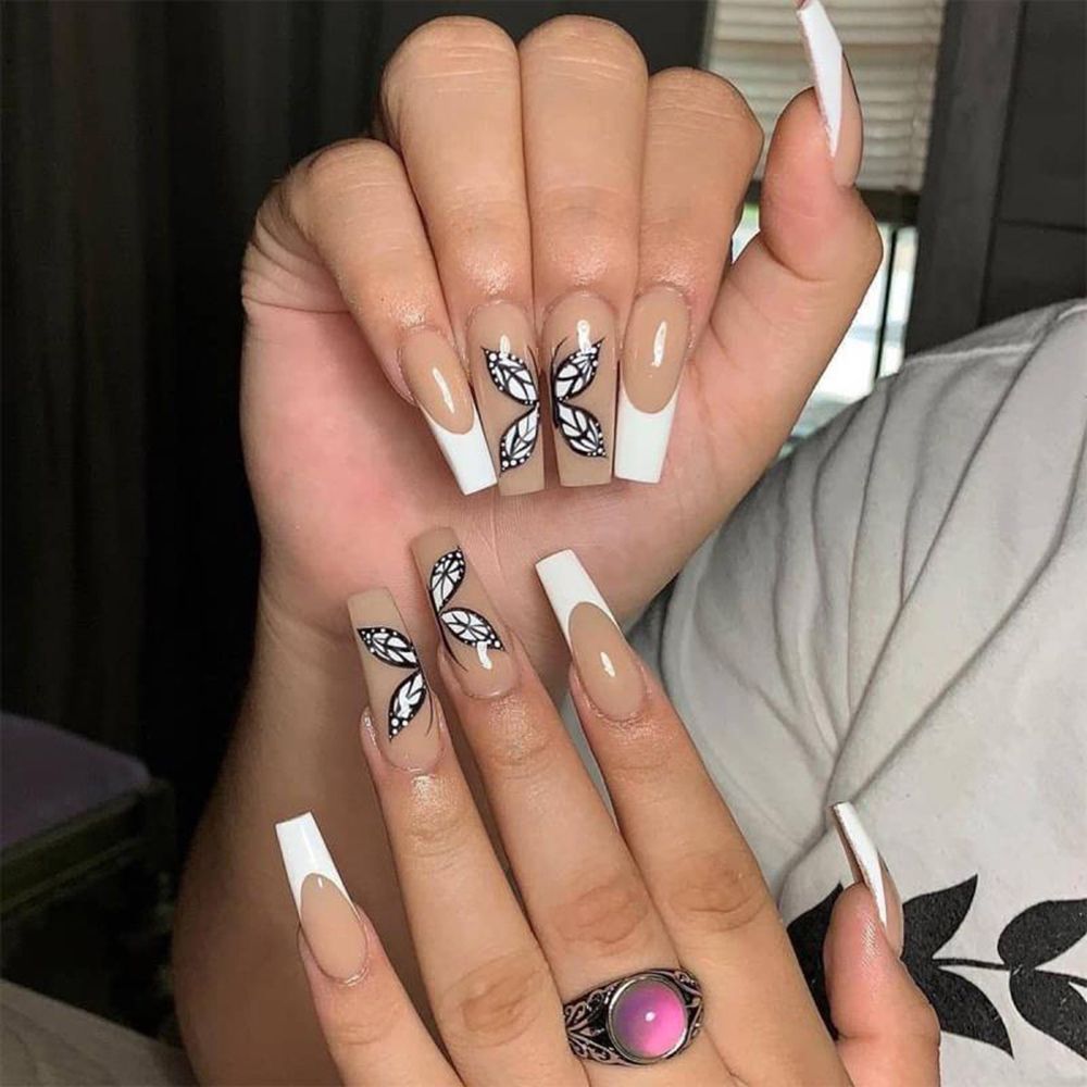 24pcs/Box Glitter Coffin False Nails Pink/White Heart Design French Ballerina Fake Nails Full Cover Nail Tips Press On Nails