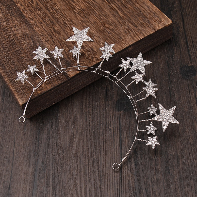 Trendy Silver Color Tiaras And Crowns Stars Princess Queen Diadems Bride Wedding Hair Accessories Rhinestone Hairbands Jewelry