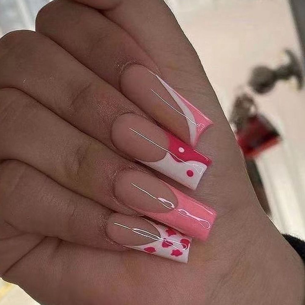 24pcs/Box Glitter Coffin False Nails Pink/White Heart Design French Ballerina Fake Nails Full Cover Nail Tips Press On Nails