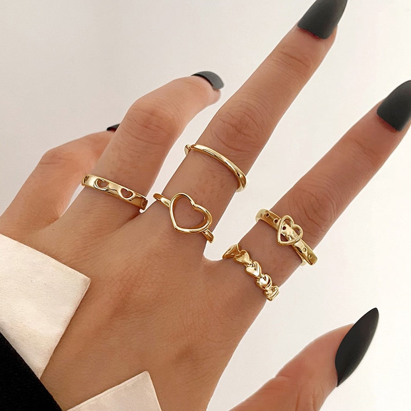 Boho Gold Color 22pcs Heart Rings Set For Women Vintage Geometric Cross Pearl Butterfly Finger Ring Women Jewelry