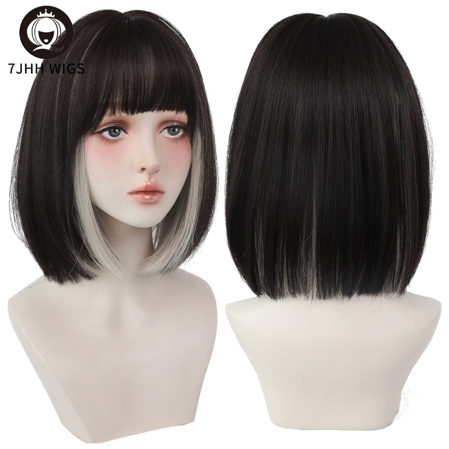 WIGS Black Short Bob Wig for Girl Daily Wear Synthetic Wig Natural Supple Summer Heat resistant Wig With Bangs