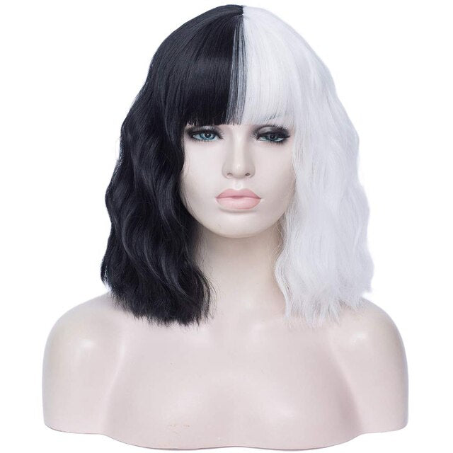 Anime Cruella De Vil Short Cruly Half Black And Half White Wavy Band Bangs Ladies Cosplay Wig Synthetic Halloween Wig + Wig Cap