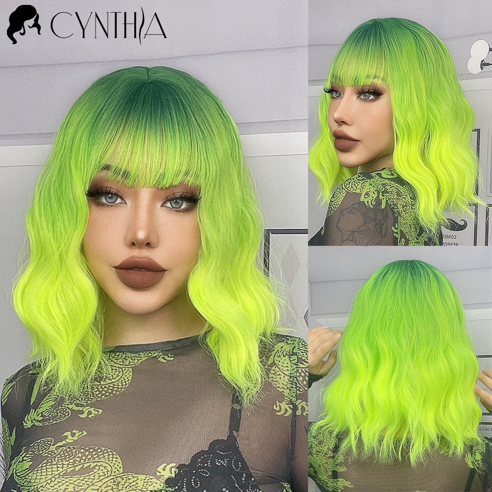 Cynthia Blue Ombre Short Bob Synthetic Wigs For Women With Bangs Body Wave Cosplay Lolita Wig White Natural Heat Resistant Hair