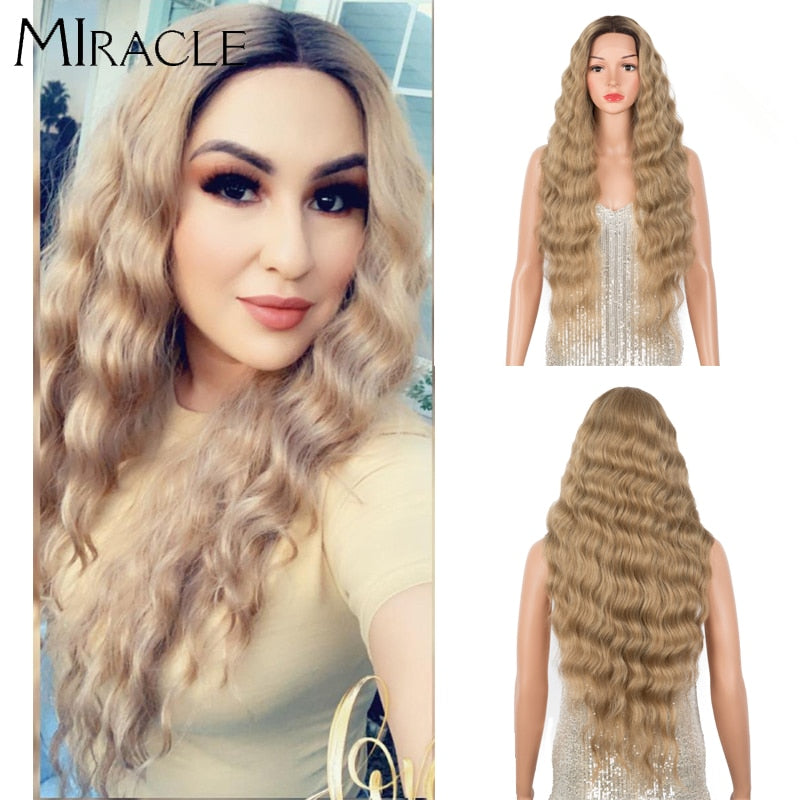 Synthetic Lace  Wig For Women Deep Wave Curly Wig Blonde Cosplay Wig 30 Inch Ombre Lace Wigs Fiber Miracle