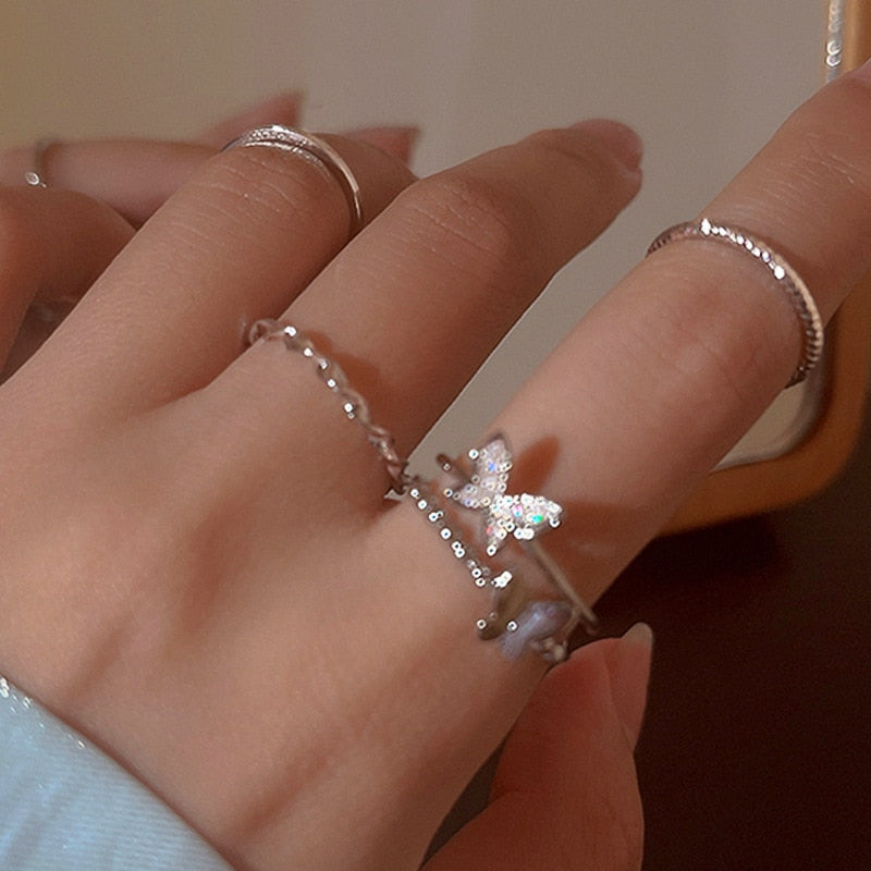 Vintage Boho Crystal Butterfly Flower Rings Set For Women Elegant Geometric Leaf Chain Tassel Knuckle Finger Rings Party Jewelry