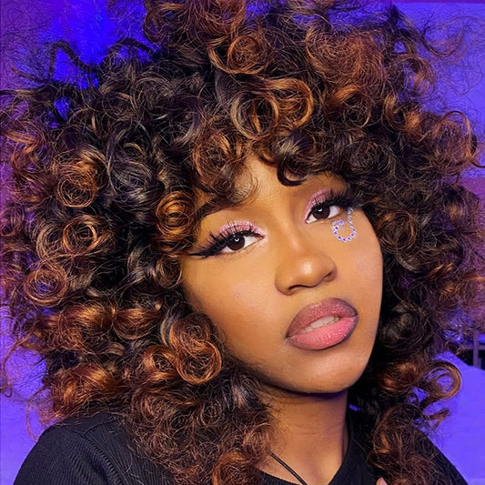 Short Hair Afro kinky Curly Wigs With Bangs For Women Fluffy Synthetic Ombre Glueless Cosplay  Mixed Brown Blonde Wigs