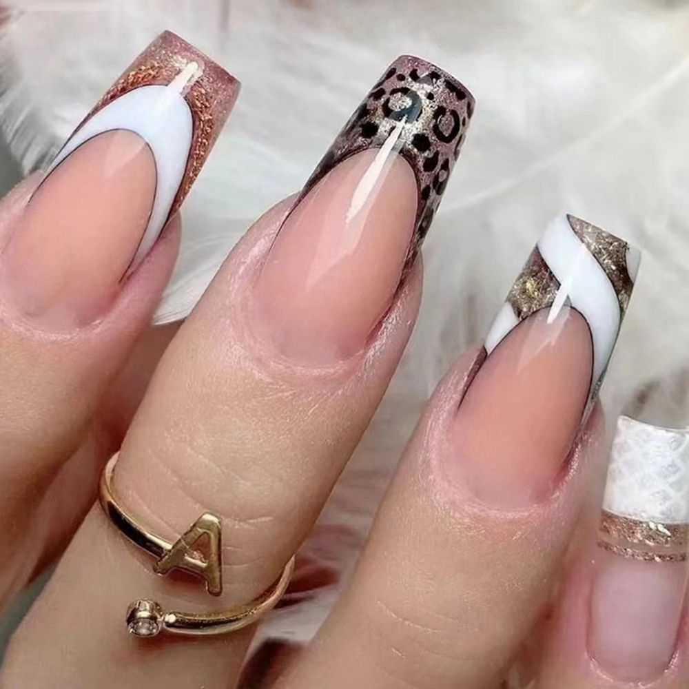 24pcs/Box Glitter Coffin False Nails Pink/White Heart Design French Ballerina Fake Nails Full Cover Nail Tips Press On Nails
