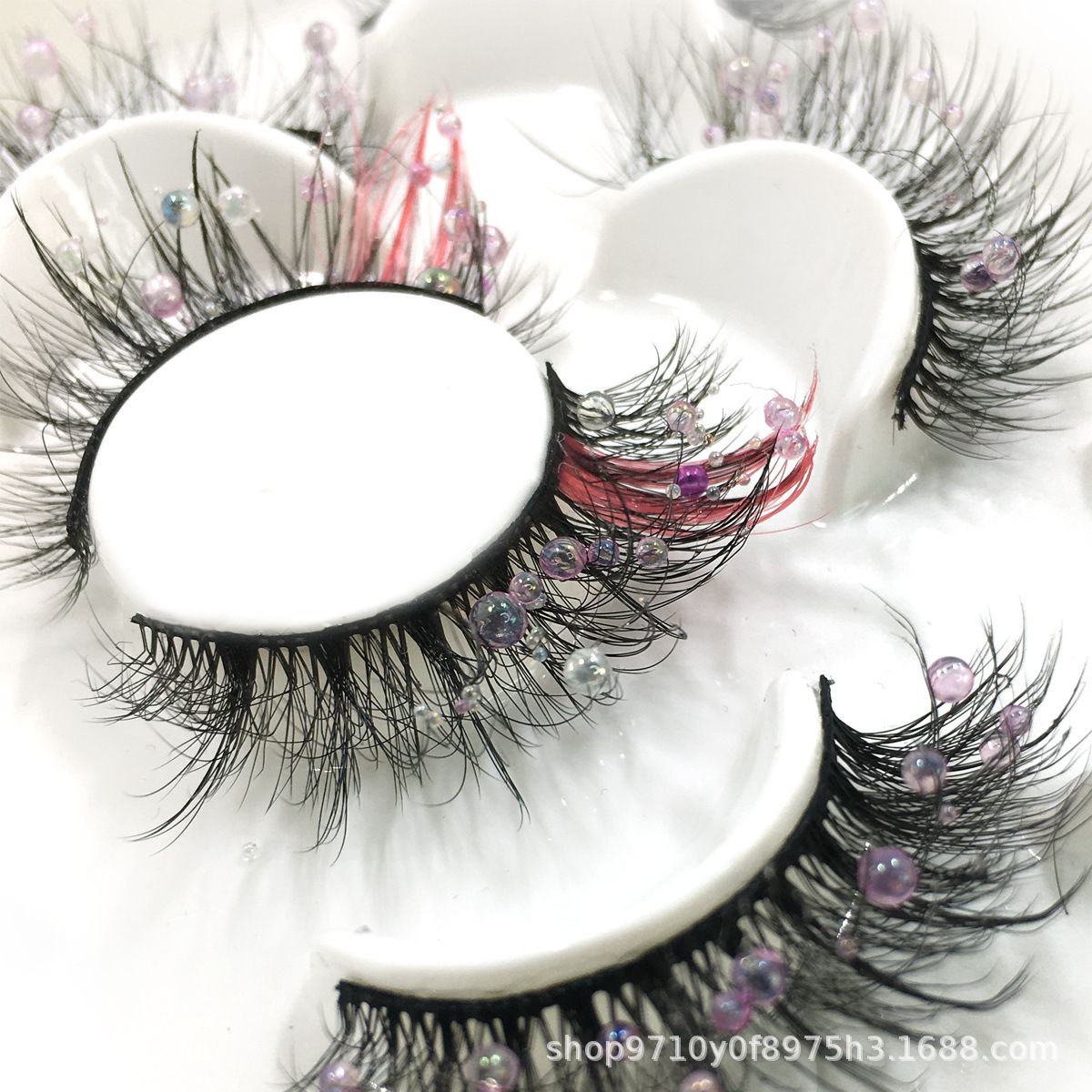 1/5Pairs Colorful Rhinestones False Eyelashes Handmade Glitter Thick Fake Eyelashes Mermaid Tears Pearl Lashes Extension