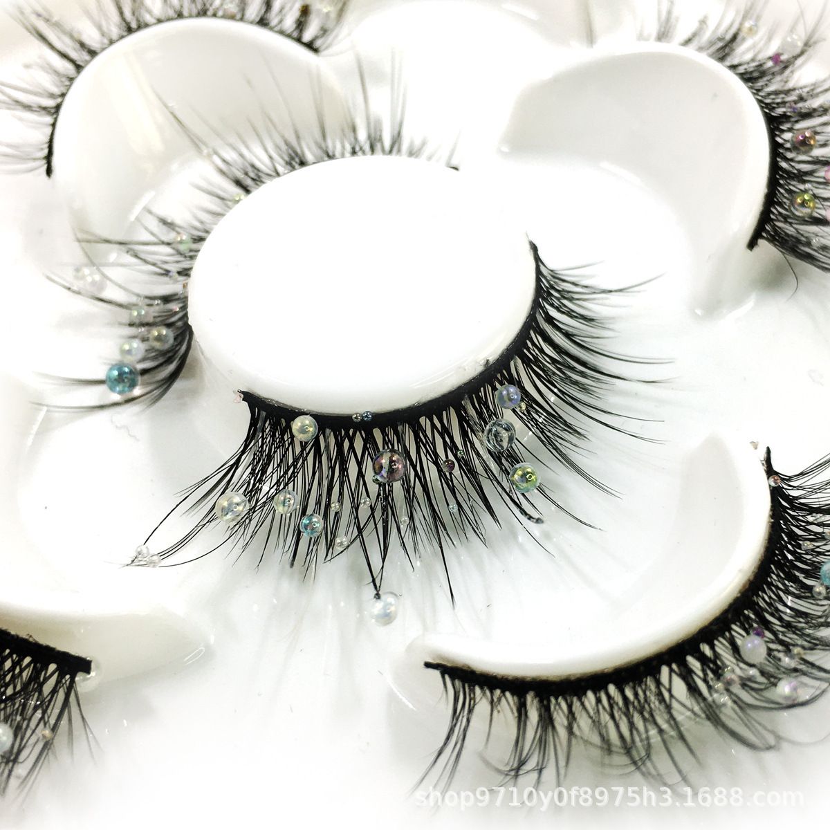 1/5Pairs Colorful Rhinestones False Eyelashes Handmade Glitter Thick Fake Eyelashes Mermaid Tears Pearl Lashes Extension