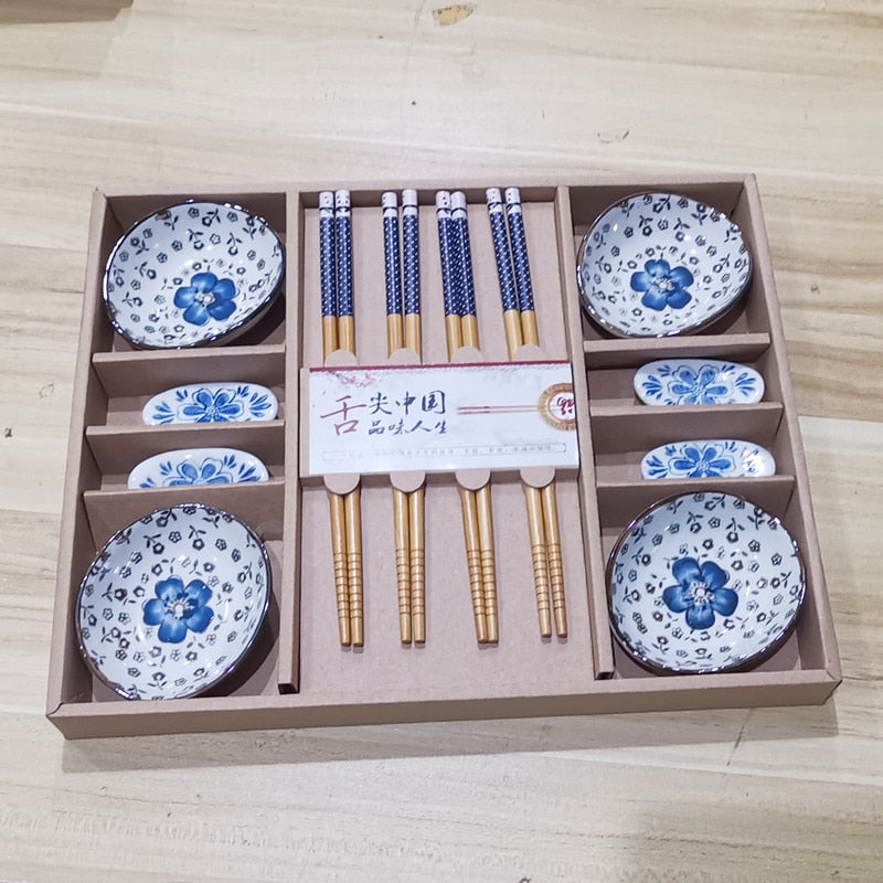 Japanese Style Cherry Blossom Ceramic Sushi Dishes Sashimi Soysauce Dish Blue Dinnerware Set Tableware Set Box (12pcs/set)