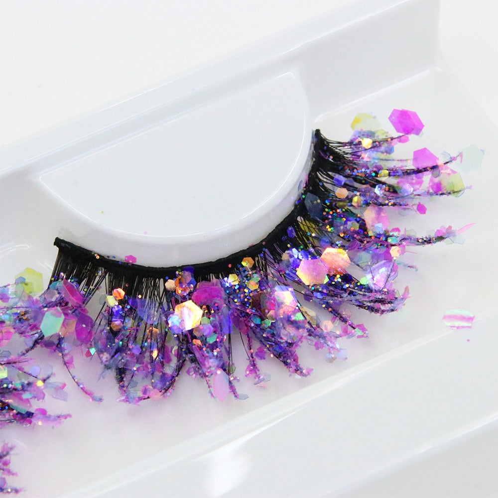 Shining Colored Eyelashes Gold Pink Green Glitter Colorful False Eye Lashes Fluffy Dramatic Colored Lashes Extension