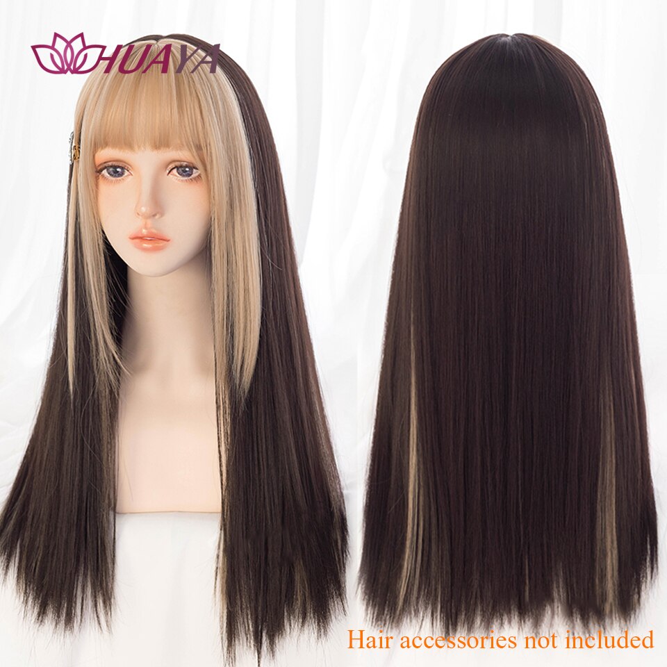 Long Straight Wig with Bangs Purple-White Heat Resistant Synthetic Hair Wigs for African American Girl Lolita Cosplay Wig
