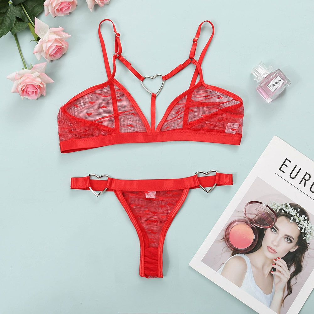 Women Lace Sensual Lingerie Set Sexy Dot Thong Erotic Underwear Mesh See Through Heart Ring Bra Bandage G-string Panties Suit