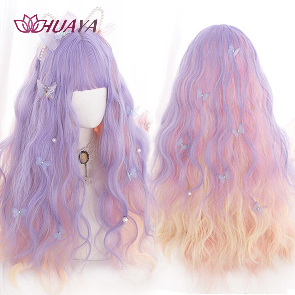 Long Straight Wig with Bangs Purple-White Heat Resistant Synthetic Hair Wigs for African American Girl Lolita Cosplay Wig