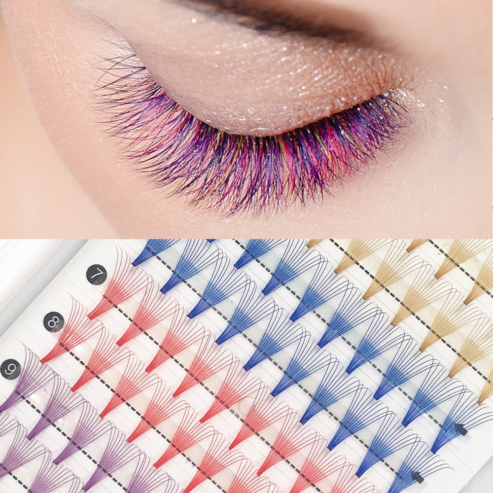 Pink Brown Blue Yellow Mixed Colored 10D  Premade Russian Volume Fans Colorful Cluster Lashes