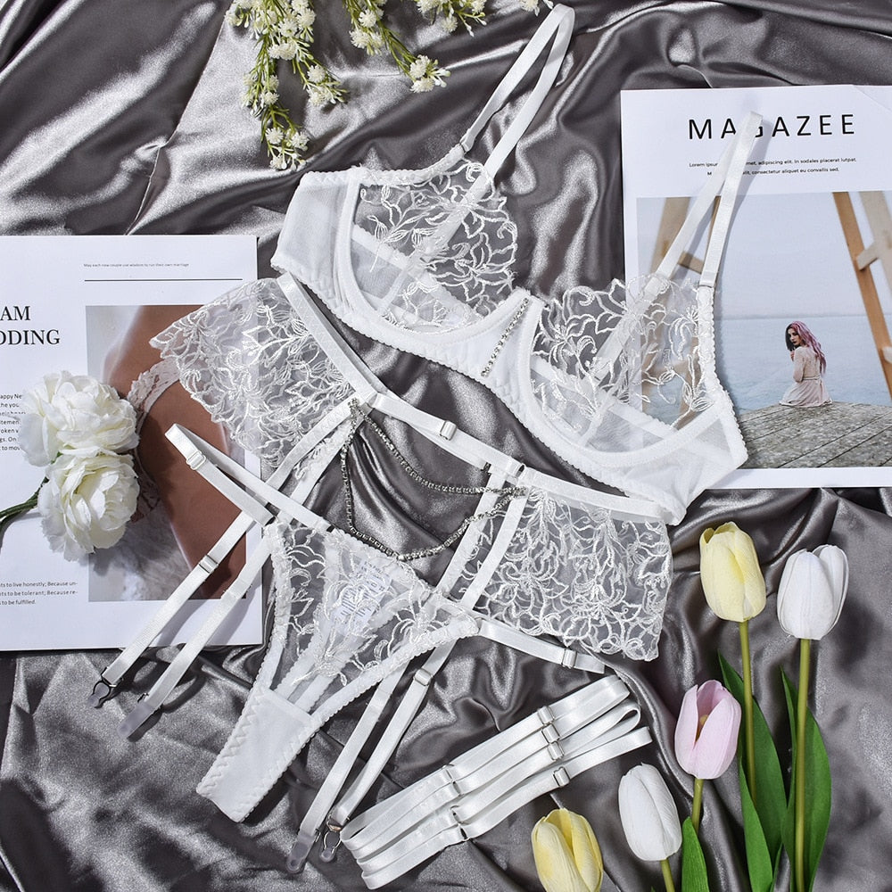 Ruffle Sexy Women Underwear Fancy Lingerie Fine Bra and Panty Set White Intimate Lace Transparent Fairy Outfit