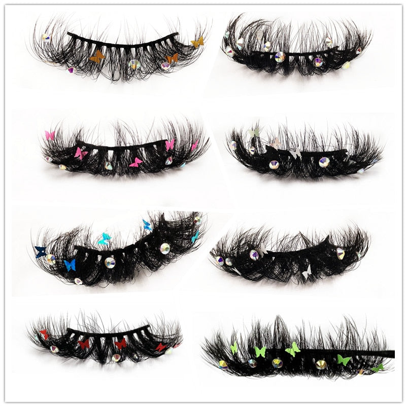 Natural/Long Glitter Shimmery Butterfly Eyelashes 25mm HandMade Full Strip Faux Mink Lashes With Butterflies