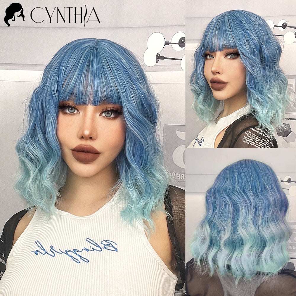 Ombre Blonde Short Bob Synthetic Wig For Women With Bangs White Gold Body Wave Cosplay Lolita Natural Heat Resistant Hair