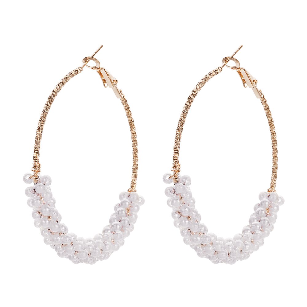 White Boho Imitation Pearl Round Circle Hoop Earrings Gold Color Big Earrings