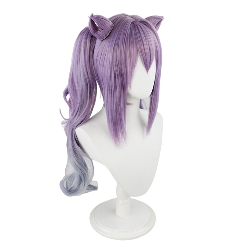 GenshinKe Qing Cosplay Long Double Ponytail Ladies Synthetic Light Purple Wig With Bangs Gradient Light Color Wig + Free Wig Cap