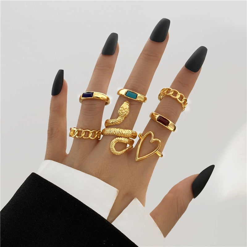 Boho Gold Color 22pcs Heart Rings Set For Women Vintage Geometric Cross Pearl Butterfly Finger Ring Women Jewelry