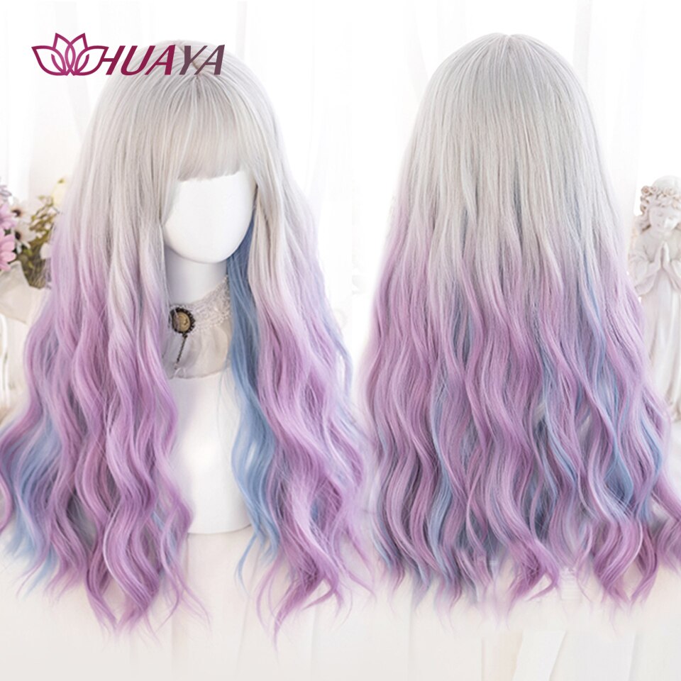 Long Straight Wig with Bangs Purple-White Heat Resistant Synthetic Hair Wigs for African American Girl Lolita Cosplay Wig
