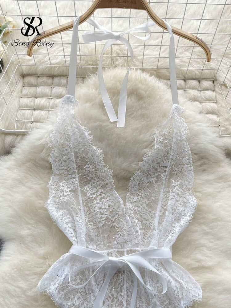 Erotic Mesh Sheath Rompers Women Backless Sensual Underwear Short Playsuits Ladies Transparent Lace Sexy Bodysuits