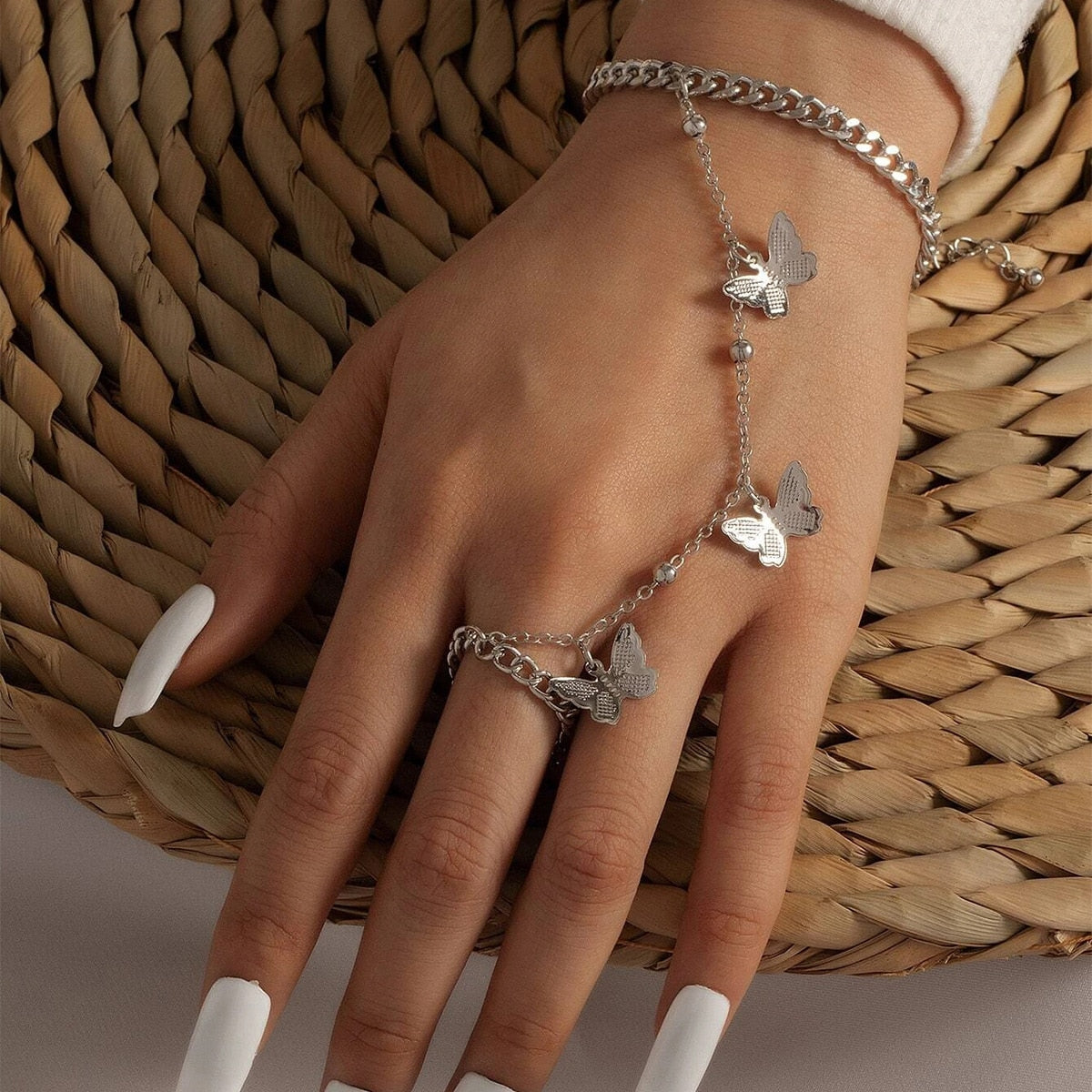 Vintage Boho Crystal Butterfly Flower Rings Set For Women Elegant Geometric Leaf Chain Tassel Knuckle Finger Rings Party Jewelry