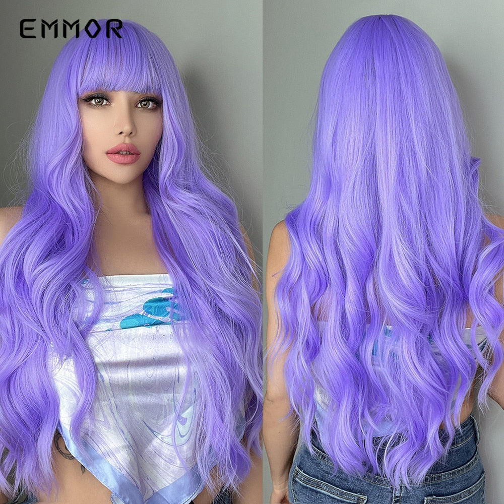 Synthetic Purple Wigs for Women Cosplay Party Lolita Wigs Bangs High Temperature Fiber  Natural  Long Body Wave Hair Wigs