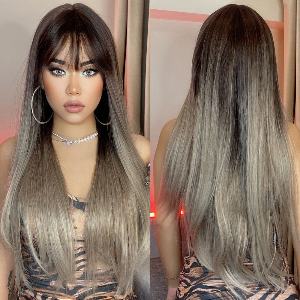 Long Straight Synthetic Wig Ombre Brown Blonde Golden Heat Resistant Wigs Cosplay Party Hair Wig