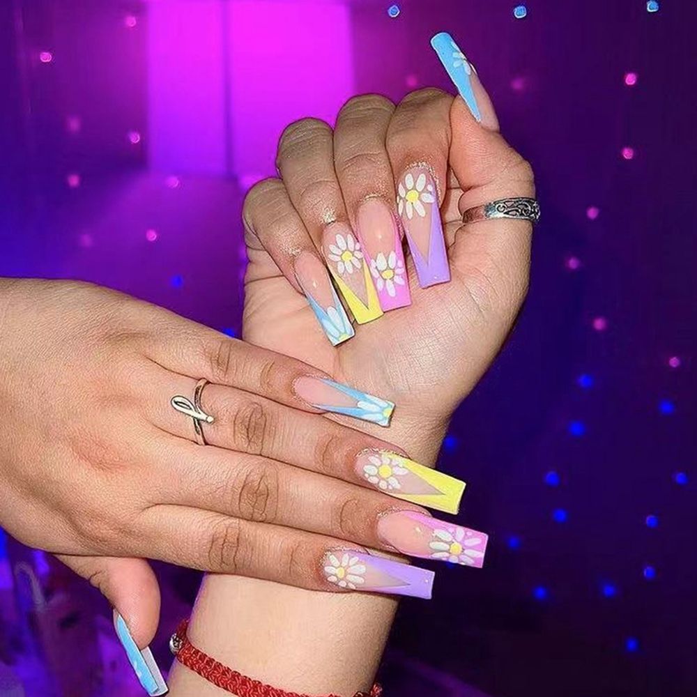 24pcs/Box Glitter Coffin False Nails Pink/White Heart Design French Ballerina Fake Nails Full Cover Nail Tips Press On Nails