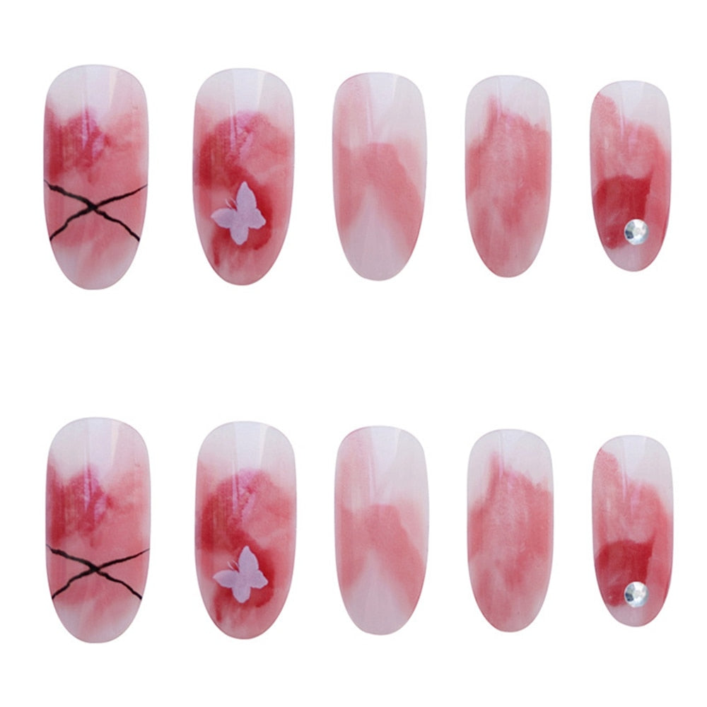 24 Pcs Artificial Wavy Line Long Round Almond False Nails Wearable French Fake Nails Full Cover Nail Tips Press On Nails