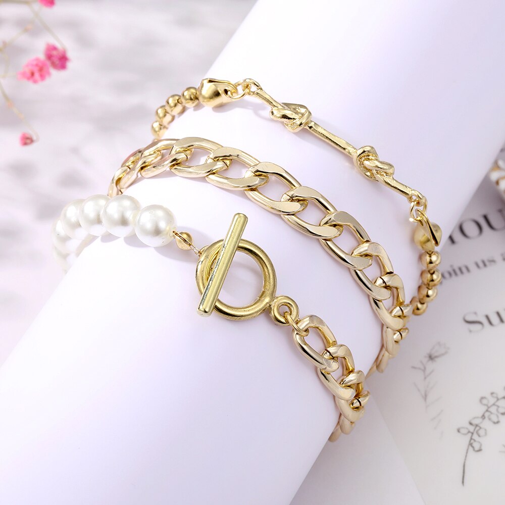 Bohemian Gold Color Angel Bracelets for Women Boho Jewelry Geometric Layered Pearl Hand Chain Charm Bracelet Set