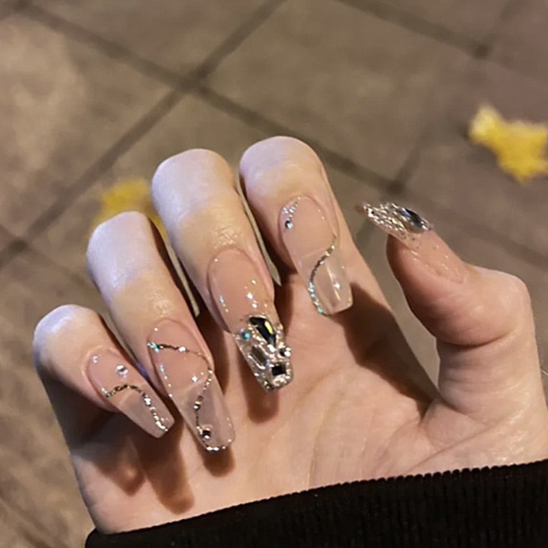 24pcs Rhinestone Design Fake Nails Shiny nail Decorations Press On nail Tips False Nail Patch